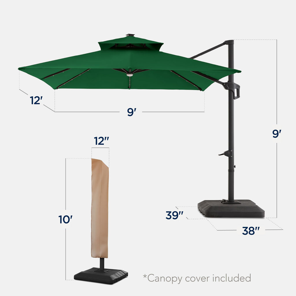 9x12ft LED Cantilever Patio Umbrella w/Base Included & 360° Rotation, Large Solar Offset Hanging Outdoor Sun Shade