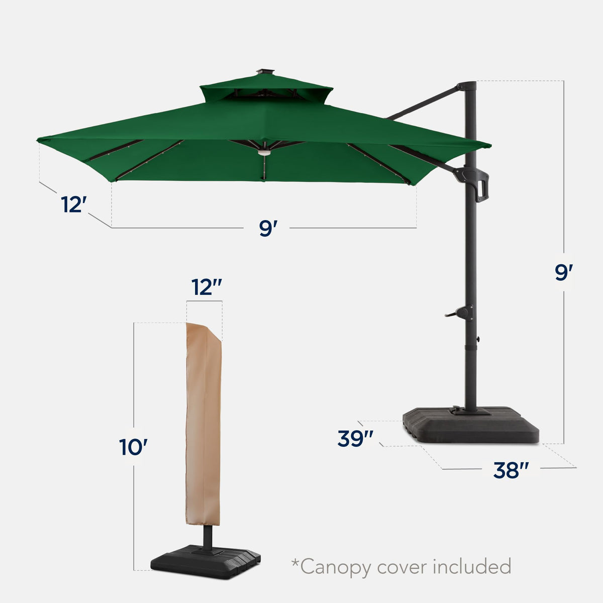 9x12ft LED Cantilever Patio Umbrella w/Base Included & 360° Rotation, Large Solar Offset Hanging Outdoor Sun Shade