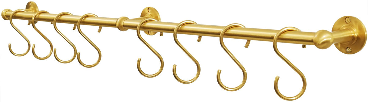 31 Inch Brass Pot Rack Wall Mounted, Kitchen Rail with Hooks for Pots, Pans, Mugs and Utensils, Segmented Wall