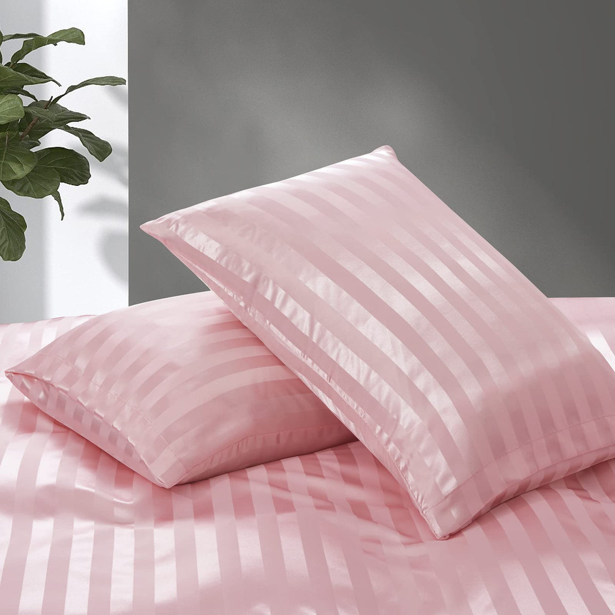 5 Pieces Blush Pink Satin Striped Duvet Cover Set