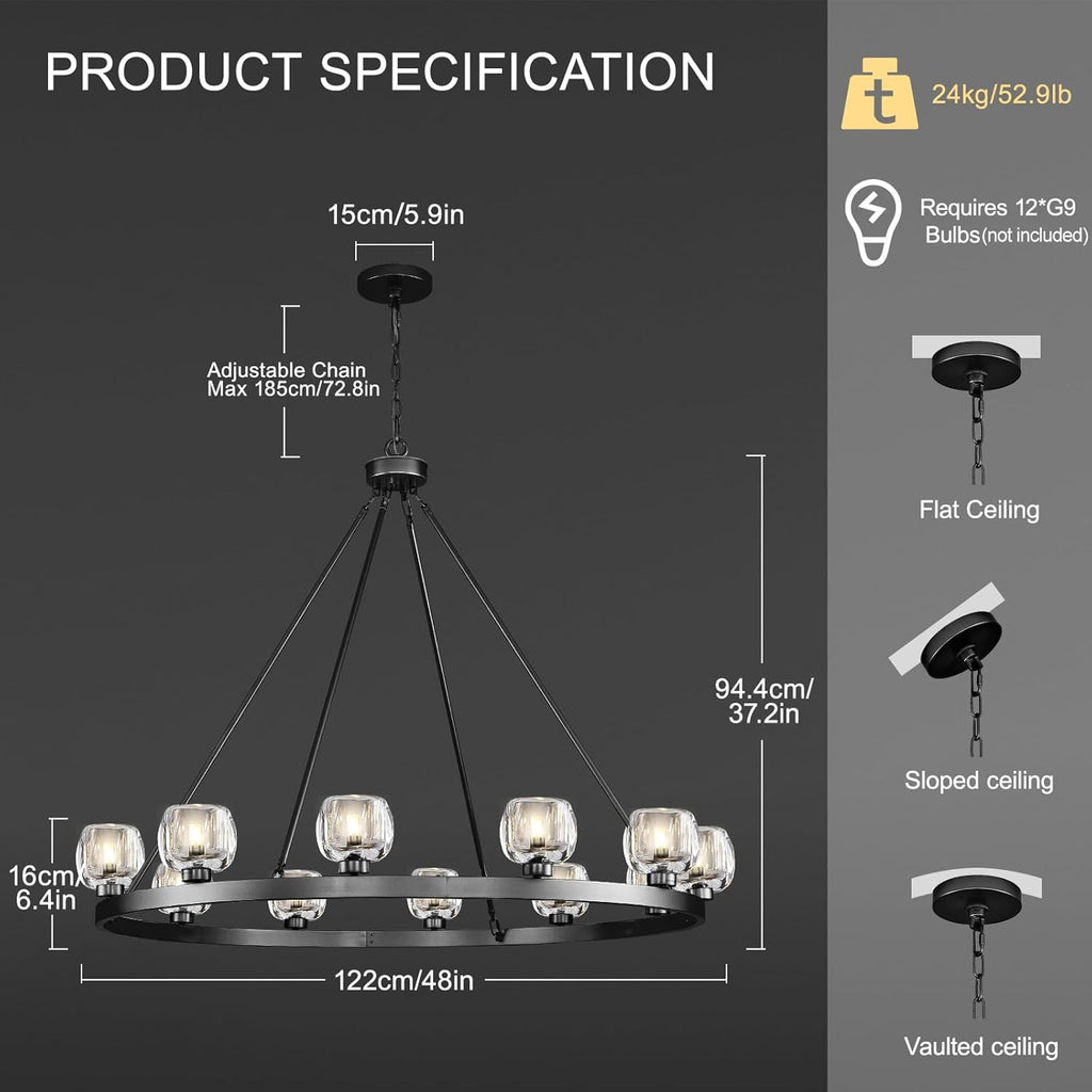 48" 12-Light Black Large Crystal Wagon Wheel Chandelier