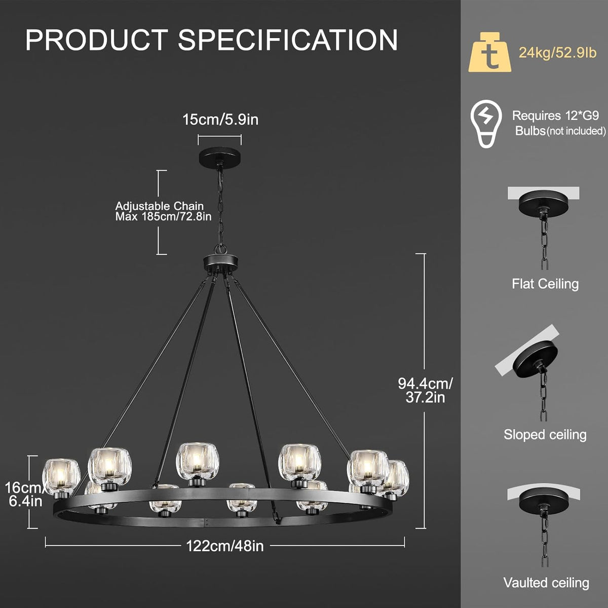 48" 12-Light Black Large Crystal Wagon Wheel Chandelier