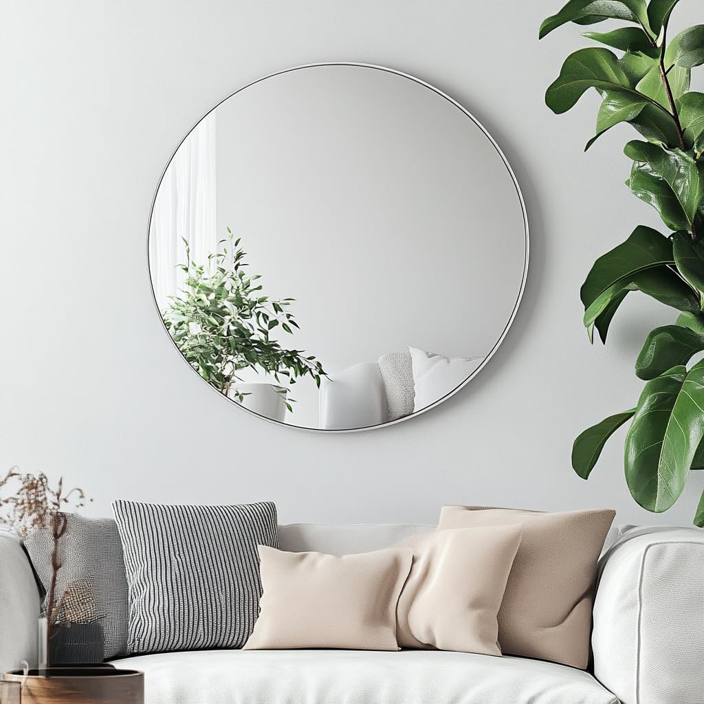 Round Mirror, 24 inch Silver Circle Mirror,Bruhsed Nickel Metal Frame