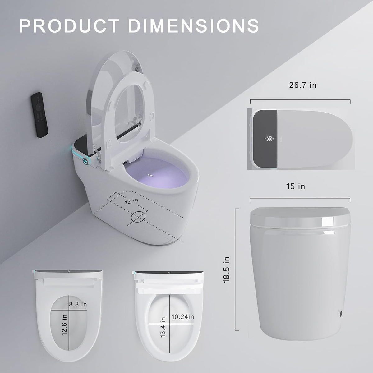 Auto Open/Close Lid Smart Toilet Bidet with Built-in Tank, Auto Flush & Wash, Elongated Heated Seat