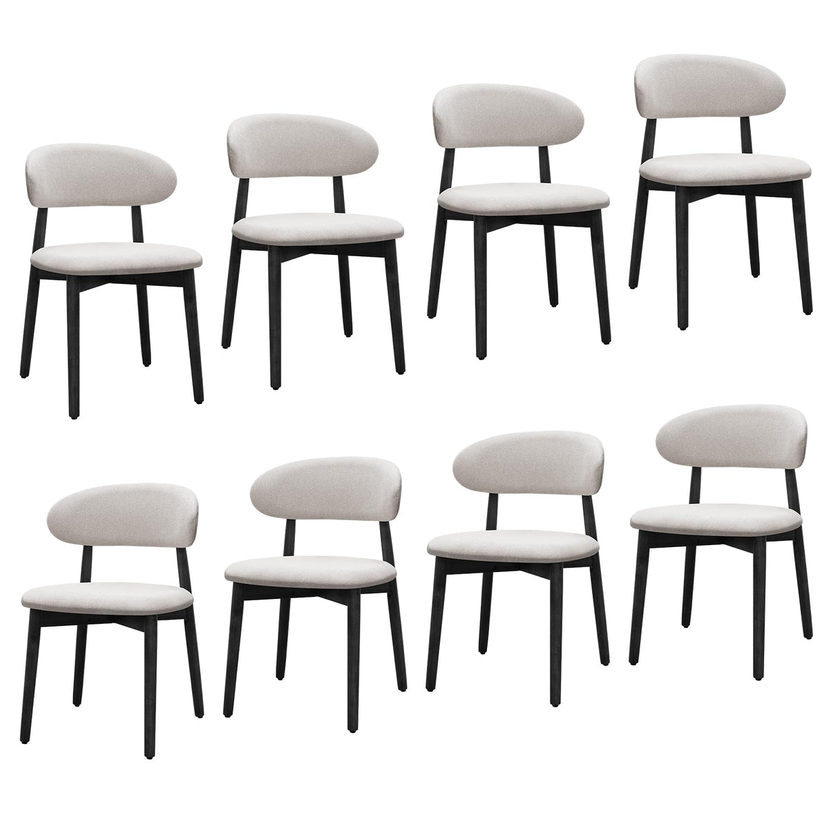Farmhouse Set of 8, Mid Century Modern Fabric Upholstered Kitchen Chairs, Wooden Dining Room Chair with Curved Back