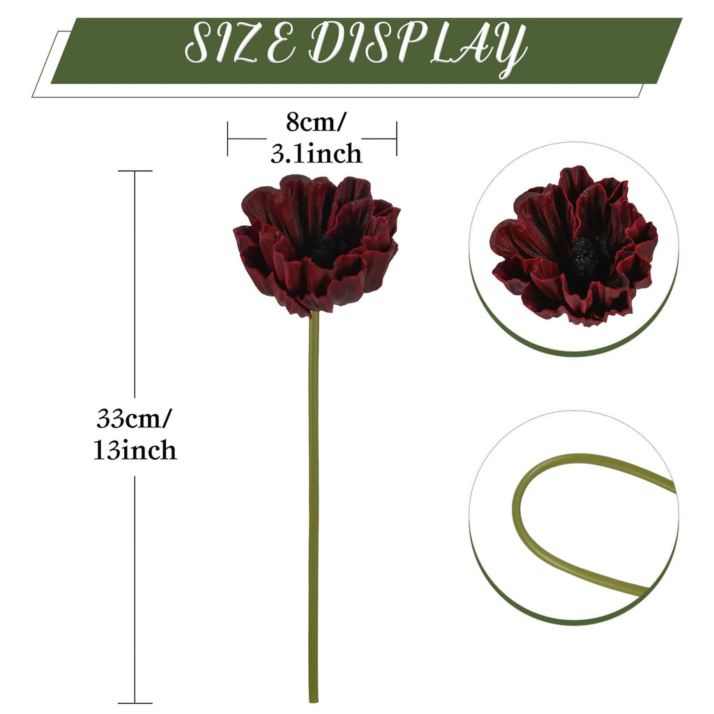 Burgundy Artificial Poppies 10PCS Real Touch Fake Poppies 13" Realistic Maroon Flowres for Veterans Day Floral