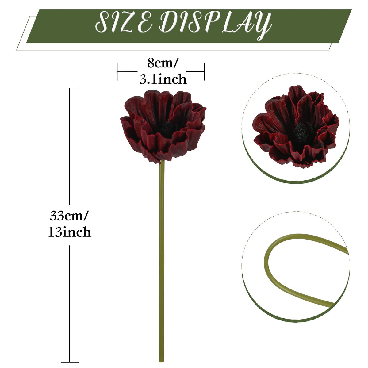 Burgundy Artificial Poppies 10PCS Real Touch Fake Poppies 13" Realistic Maroon Flowres for Veterans Day Floral