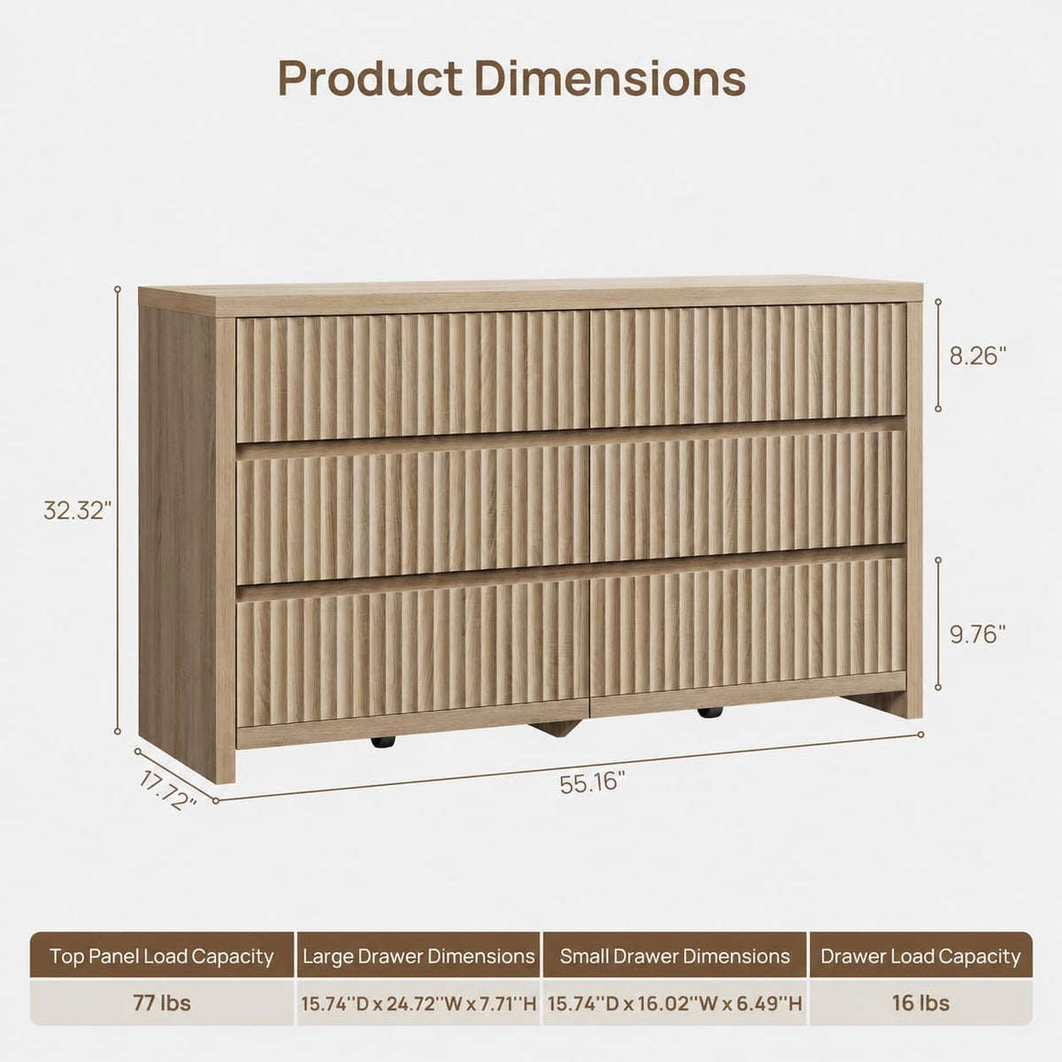 Fluted 6 Drawer Dresser - 55.2''W Large Chest of Drawers | Modern Long Bedroom Dressers with Deep Drawers, 17.7''D