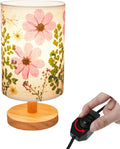 Dried Flowers Small Table Lamp 9W LED Dimmable Warm Light Pressed Flower Bedside Lamp Linen Shade with Wood Base