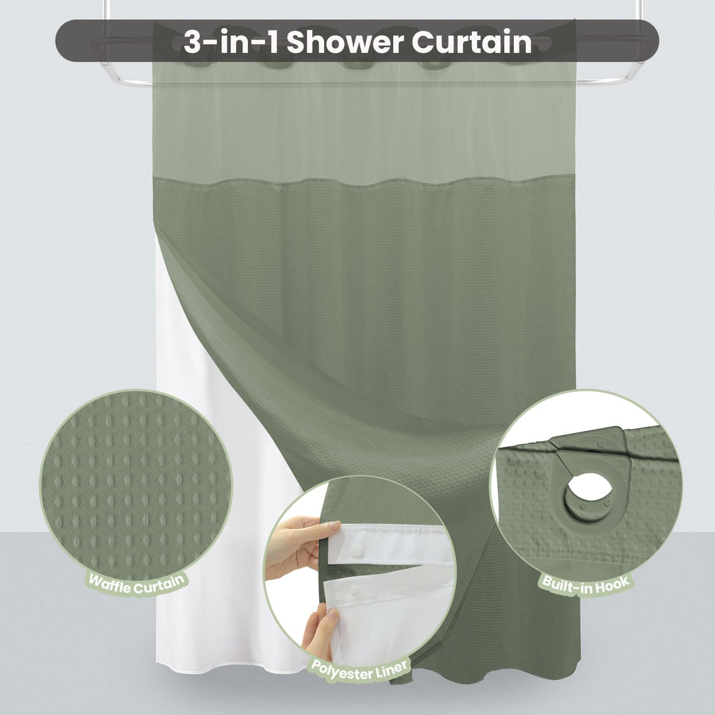 No Hook Shower Curtain with Snap-in Fabric Liner, Waffle Weave 230 GSM Polyester, Weighted Hem, Water Repellent