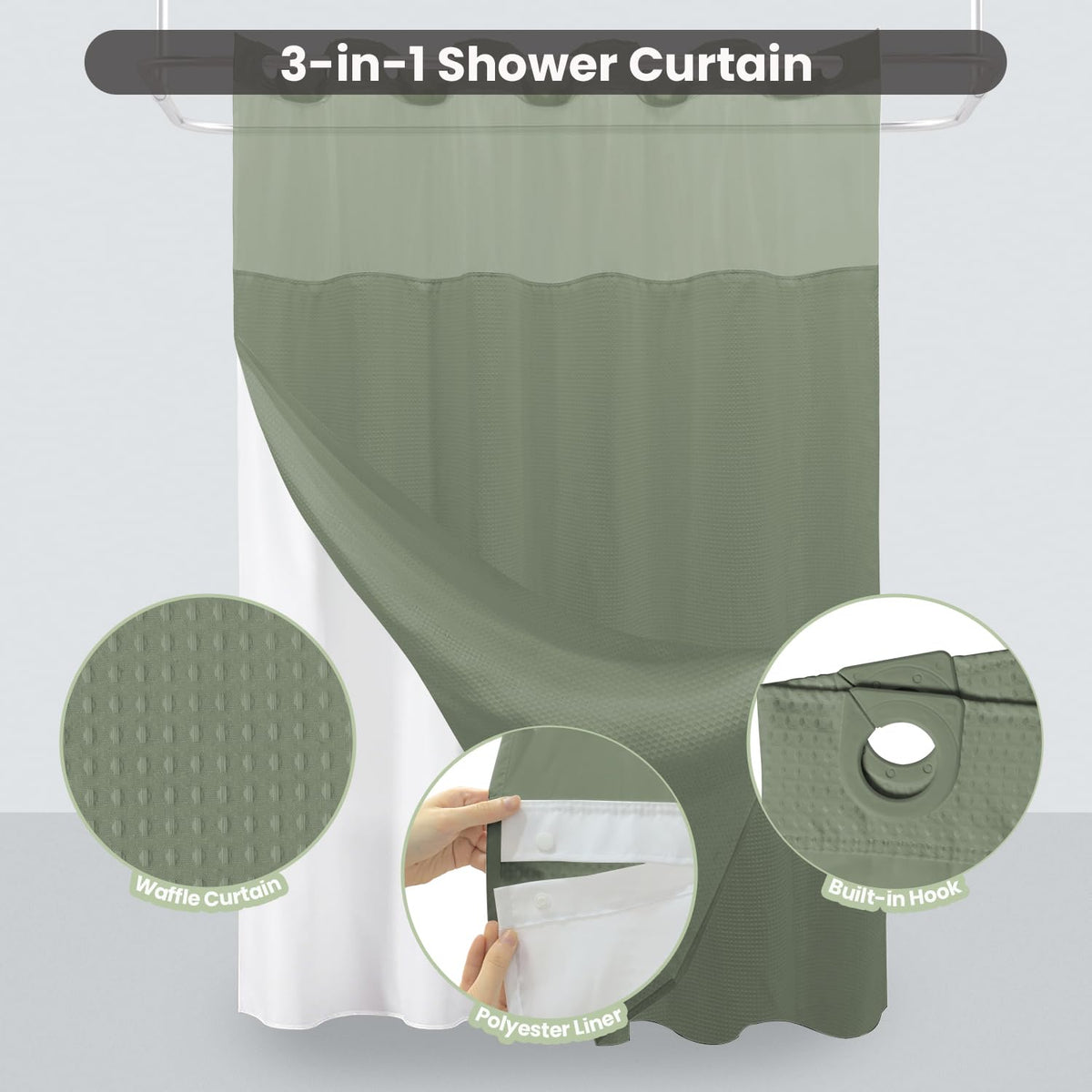 No Hook Shower Curtain with Snap-in Fabric Liner, Waffle Weave 230 GSM Polyester, Weighted Hem, Water Repellent