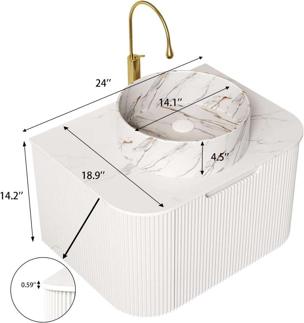 24-Inch Floating Bathroom Vanity with Sink, Solid Wood Fluted Cabinet, Marble-Pattern Ceramic Basin, Faux Marble Top, Soft-Close Drawer, White