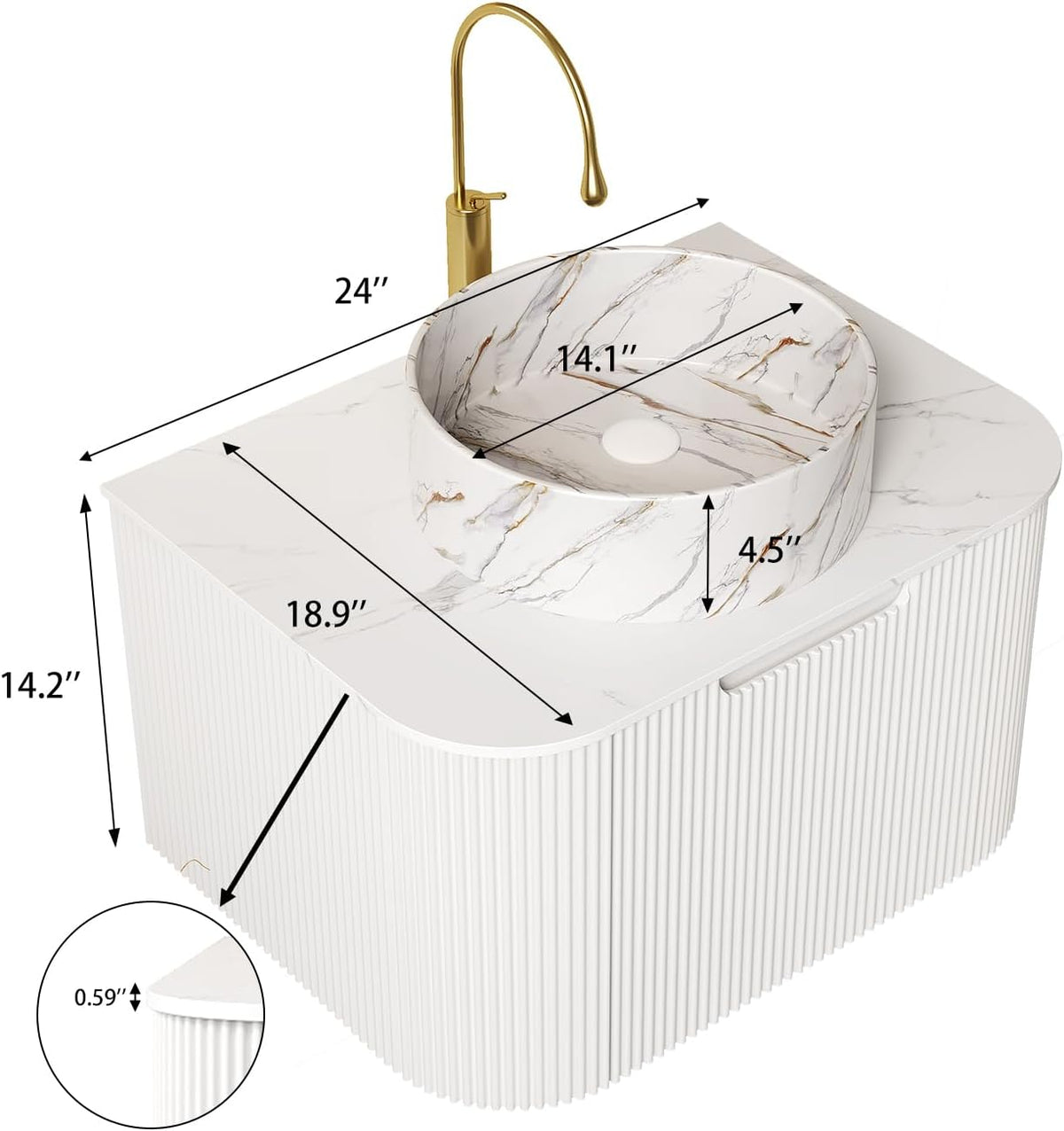24-Inch Floating Bathroom Vanity with Sink, Solid Wood Fluted Cabinet, Marble-Pattern Ceramic Basin, Faux Marble Top, Soft-Close Drawer, White
