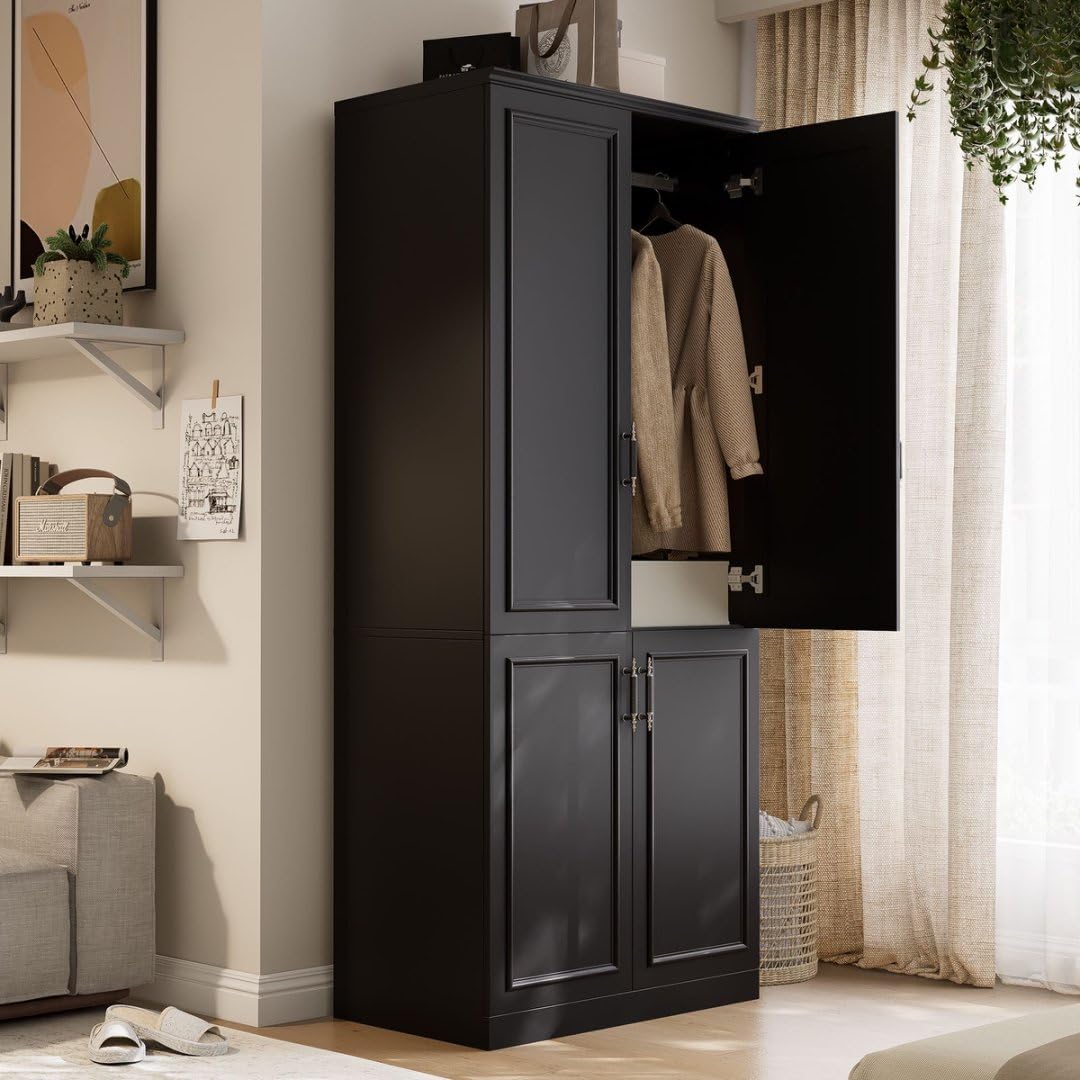 Armoire Wardrobe Closet with 4 Door, 74.8" Large Wardrobe Cabinet with Hanging Rod, Freestanding Modern Bedroom