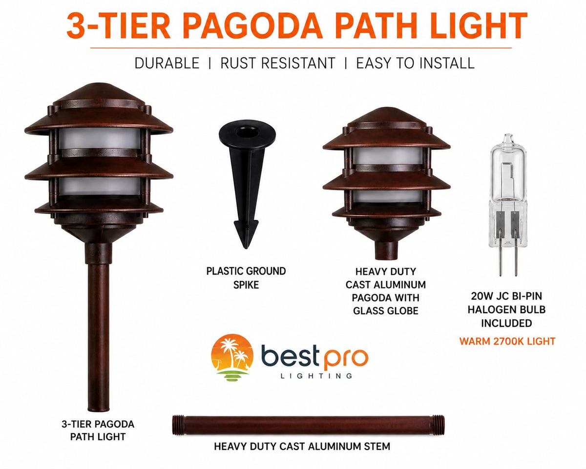 12 Low Voltage Landscape 3 Tier Cast Aluminum Pagoda Light, for Gardens, Walkways, Pathways & Yards (Rust)