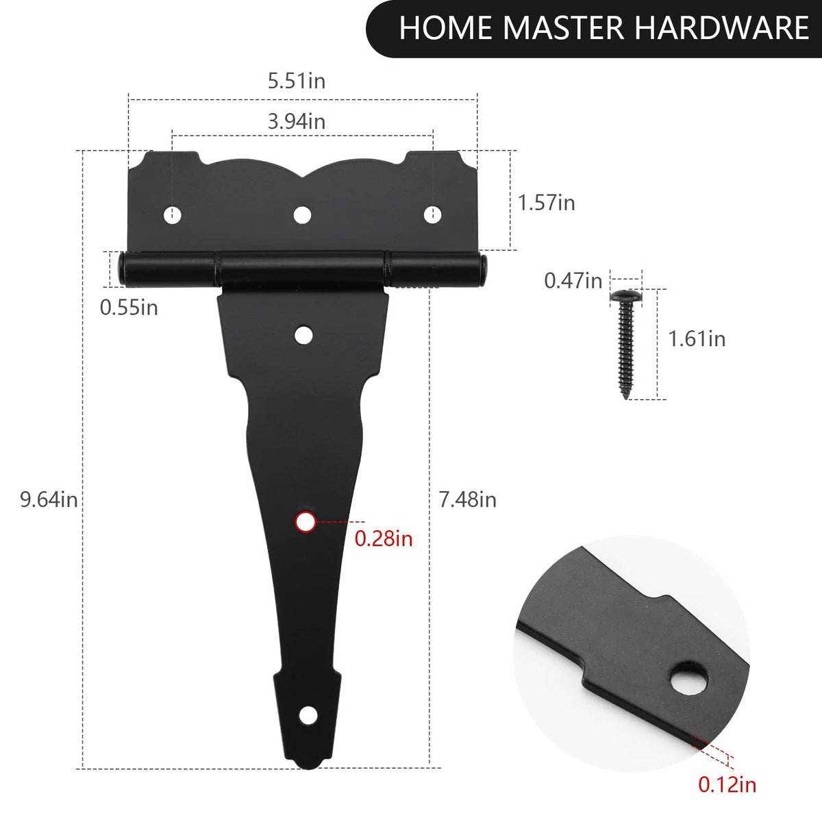 8" Heavy Duty Gate Hinges, 6 Pack Black T Strap Hinges