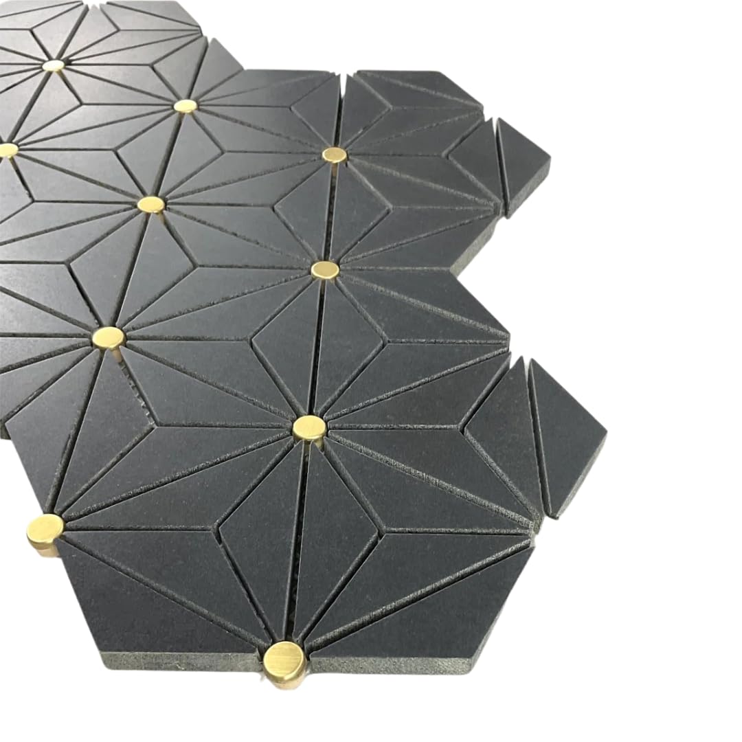 Black Geometric Marble Mosaic Tile with Brass Dots, 12x15 Inch, Honed Finish, Floor & Wall Use (1 Sheet)