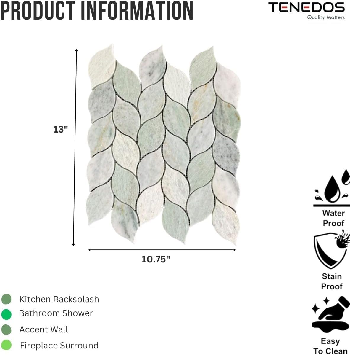 Ming Green Polished Leaf Marble Mosaic Tile - 2 Sheets