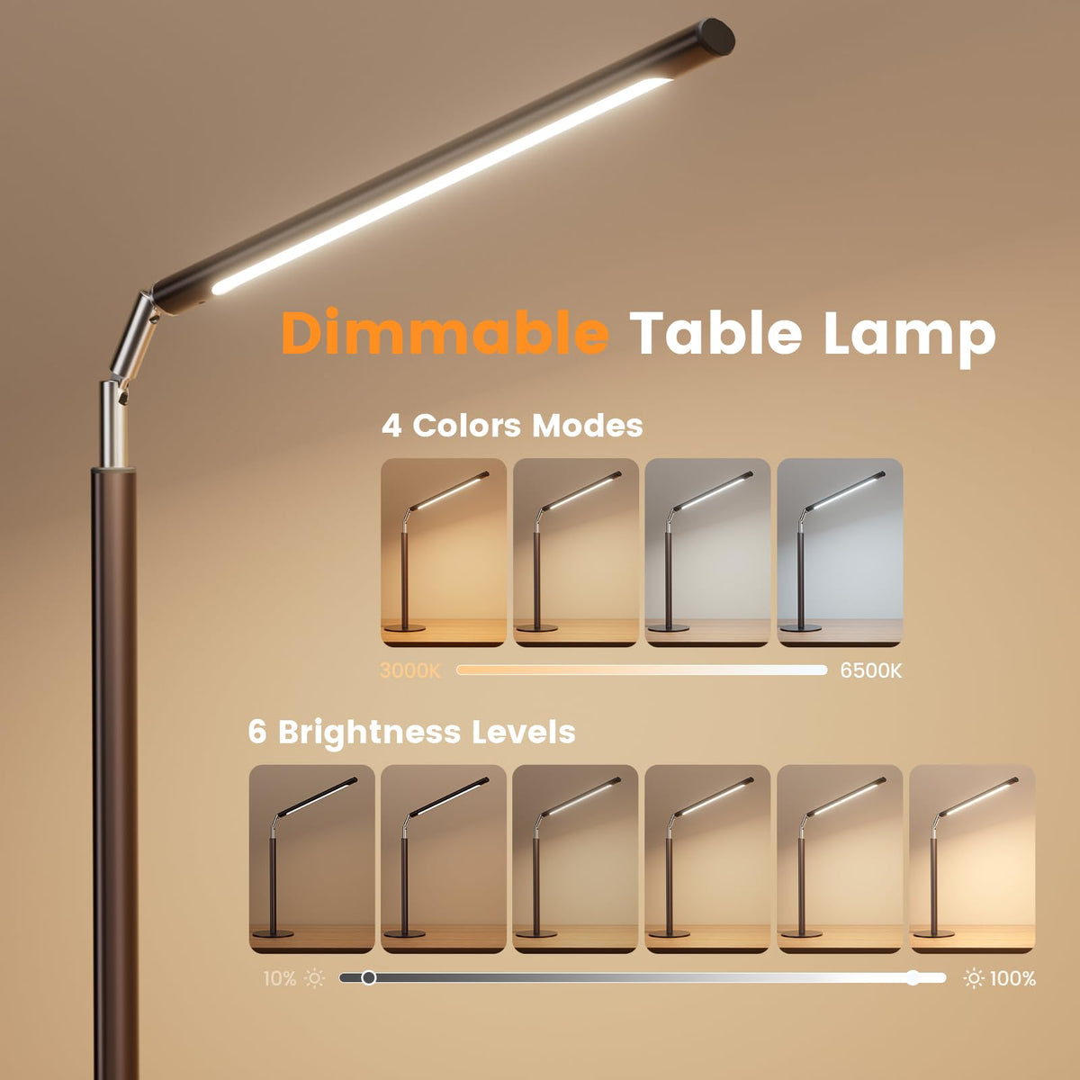 Brown LED Desk Lamp, 16" Dimmable Metal Desk Light with Base, 15W 1200LM, Adapter Included, Color & Brightness