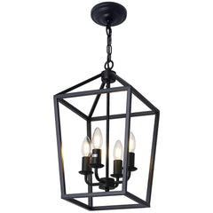 4-Light Black Farmhouse Chandelier Iron Lantern Pendant Light Rustic Cage Hanging Light Fixtures Industrial Foyer