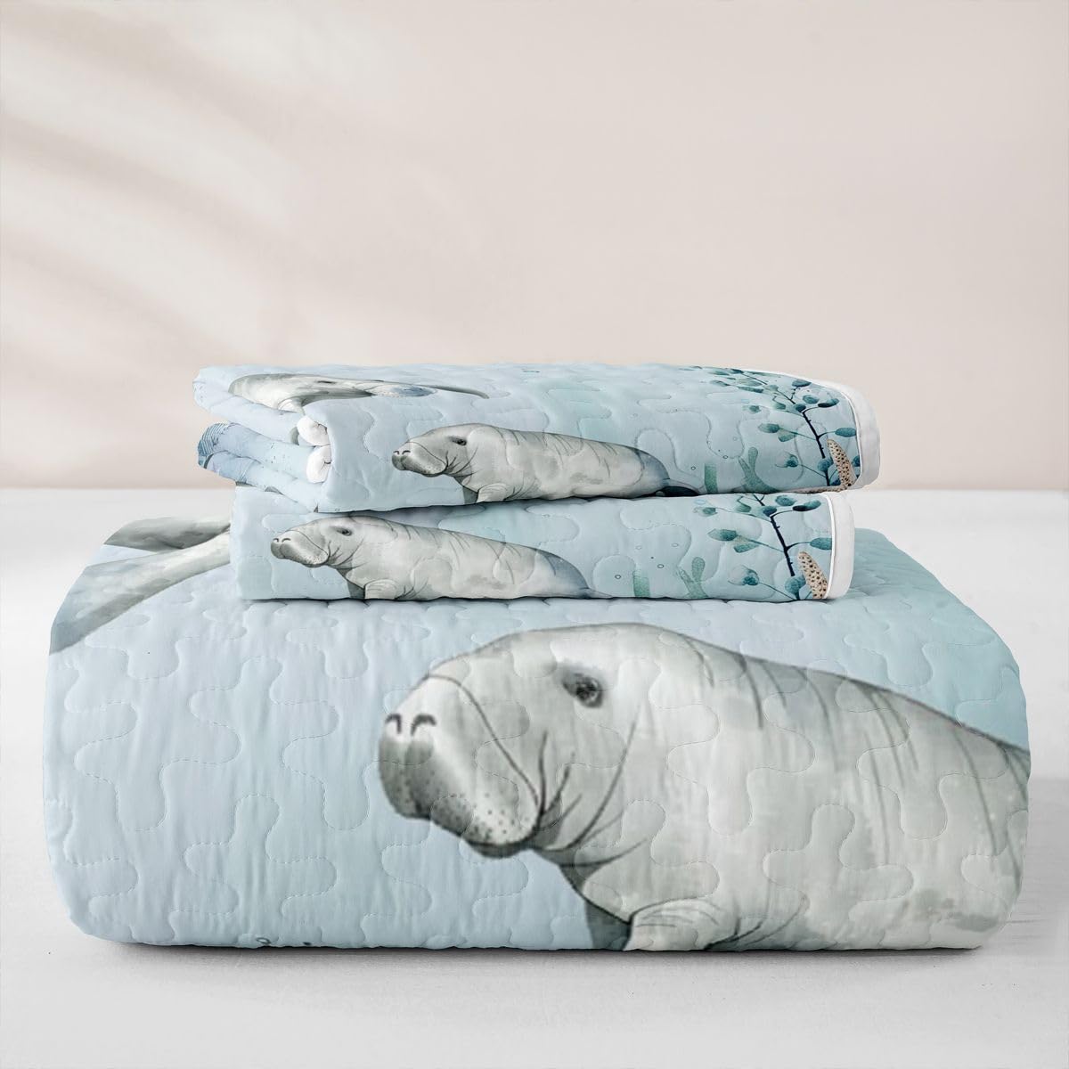 Manatee Quilt Bedding Set Teal Blue Ocean Beach Coastal Quilt Bedding Starfish Octopus Tentacles Bedspread