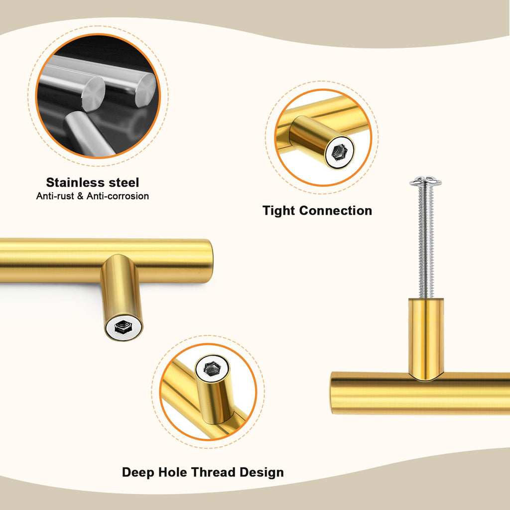 30 Pack Kitchen Brushed Brass Cabinet Handles 5" Hole Centers(128mm) Dresser Drawer Pulls Gold Cabinet Handles Modern