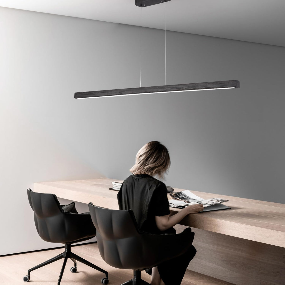 Black Wood Linear Pendant Light - Dimmable LED Chandelier with Remote, Modern Minimalist Lighting Islands, Dining