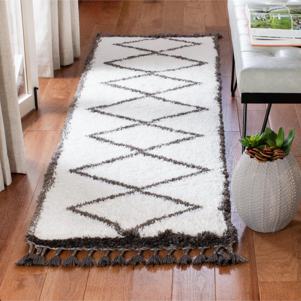 Carmella Shag Collection Runner Rug - 2'2" x 8', Cream & Grey, Moroccan Tassel Design, Non-Shedding & Easy Care