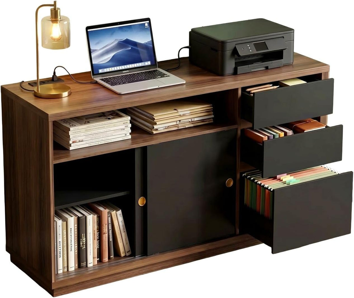 60" Lateral File Cabinet with 3 Dawers, Open Shelves | File Cabinets for A4 / Letter Documents, Wide Credenza w/
