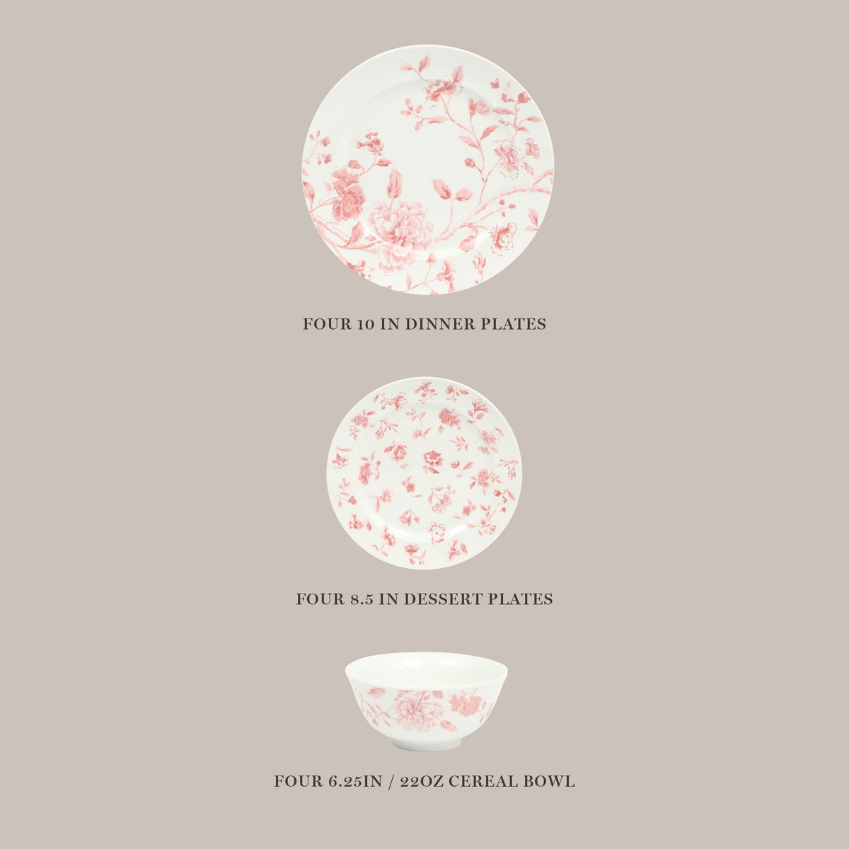 Empress Bouquet 12-Piece Decorated Porcelain Chip and Scratch Resistant Dinnerware Plates and Bowls Set - Pink Floral