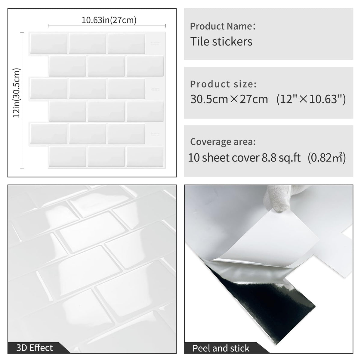 White Peel and Stick Backsplash Subway Tile Wall 10-Sheet