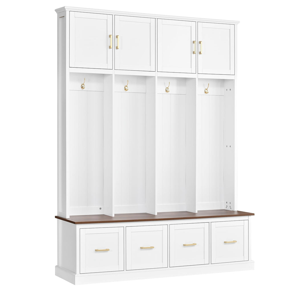 Farmhouse Entryway Hall Tree with Coat Hooks and Storage (Ancient White-CD, Rectangular)