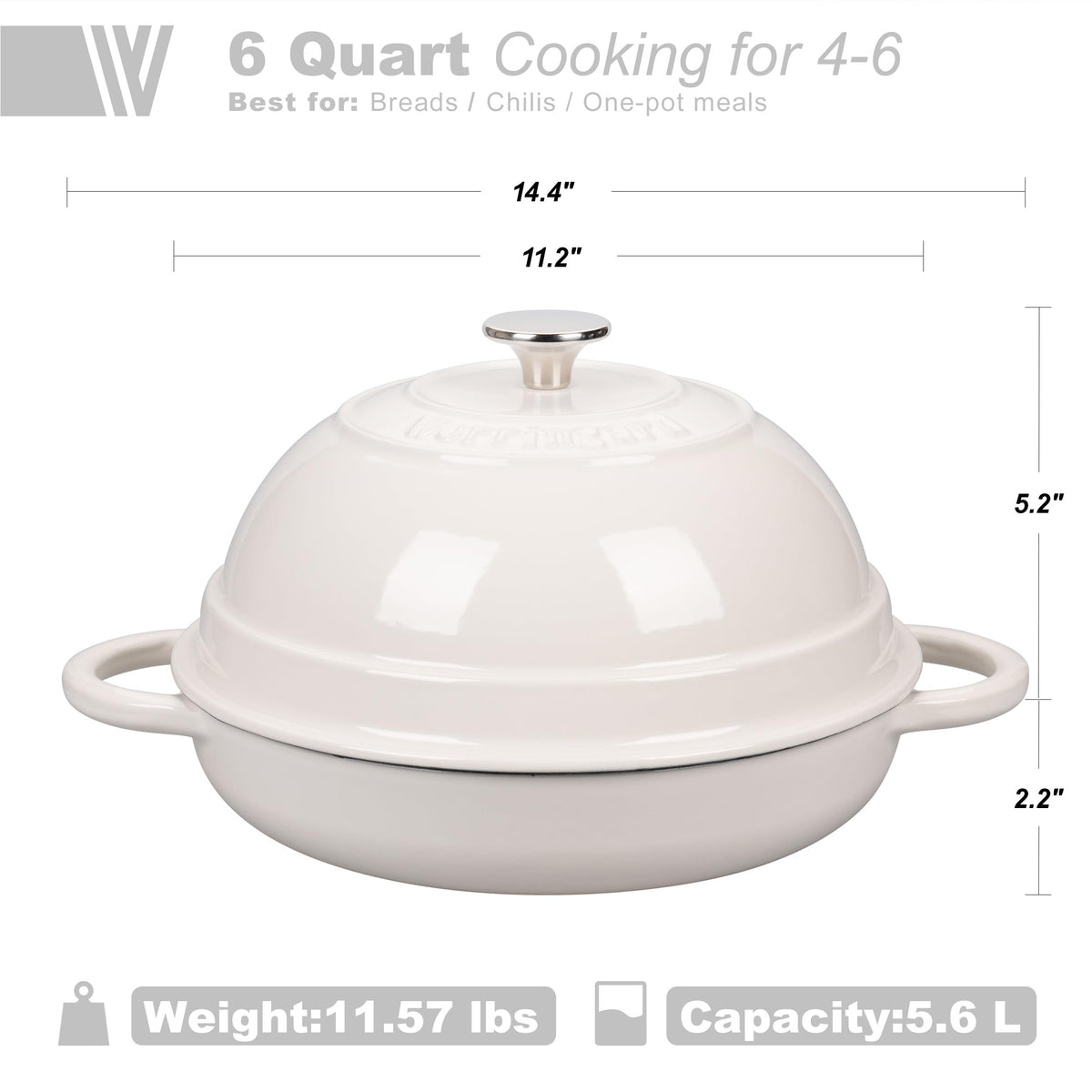 Cast Iron Enameled Dutch Oven Pot with Lid for Bread Baking, Bread Oven, 6 Quart, White