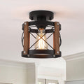 Farmhouse Wood Flush Mount Ceiling Light Fixture Oak Wood and Metal Round Cage Small Semi Flush Mount Ceiling Light