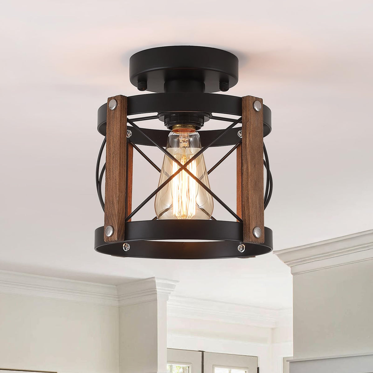 Farmhouse Wood Flush Mount Ceiling Light Fixture Oak Wood and Metal Round Cage Small Semi Flush Mount Ceiling Light