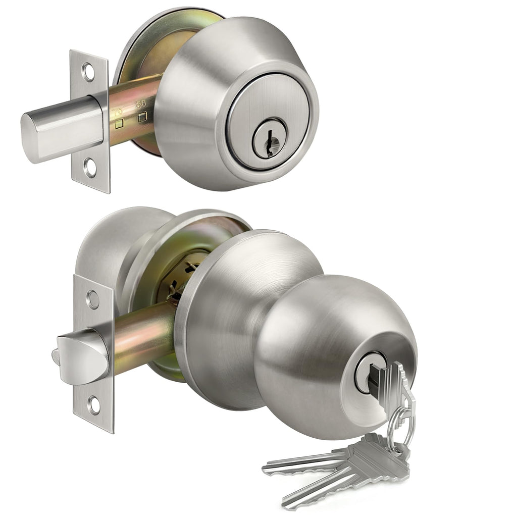 Keyed Same Exterior Door Knob and Single Cylinder Deadbolt Combo Set, Keyed Alike Entry Door Knobs with Lock and Keys