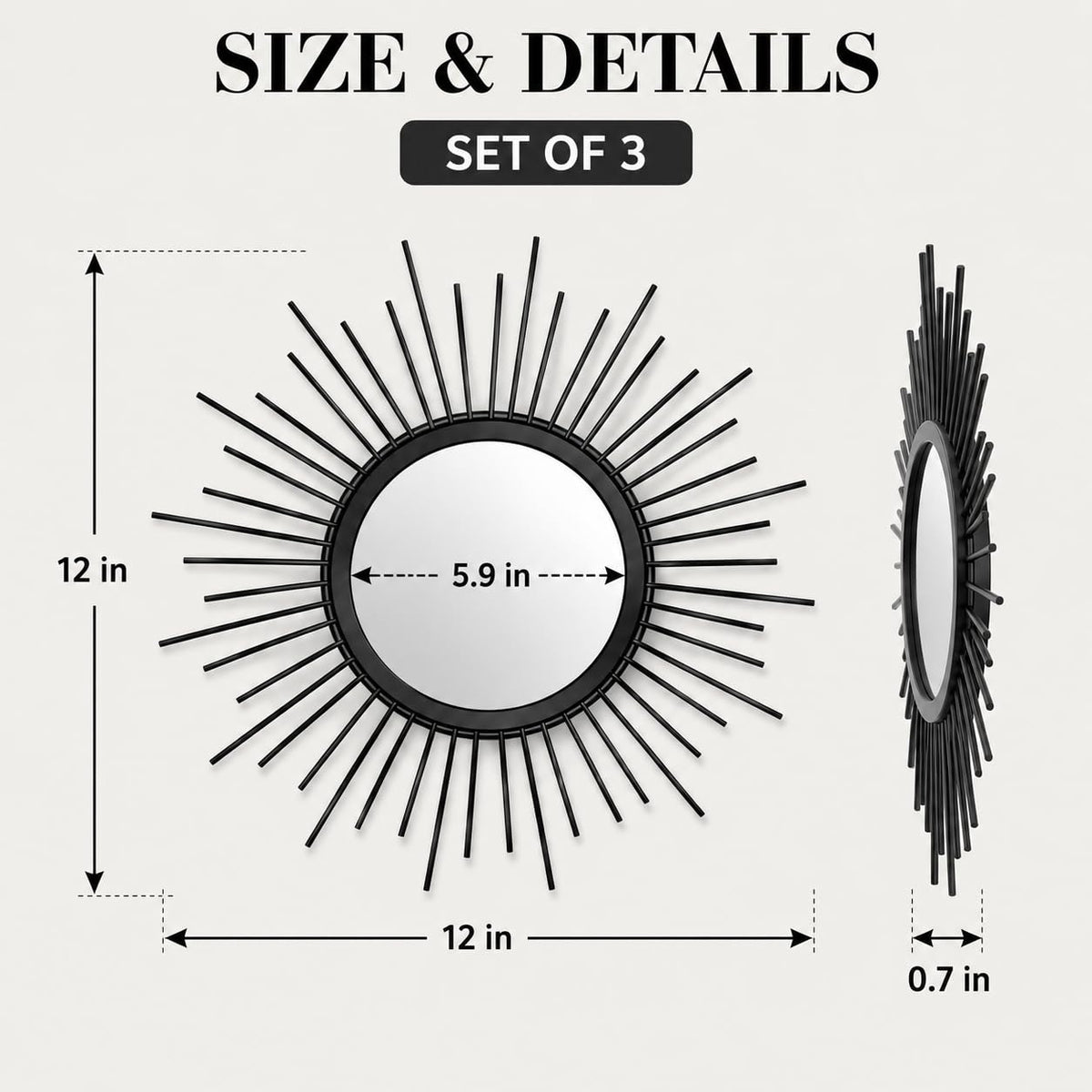 Black Sunburst Mirror Set of 3, 3PCS Metal Round Decorative Wall Mirrors, Starburst Accent Mirror Wall Decor