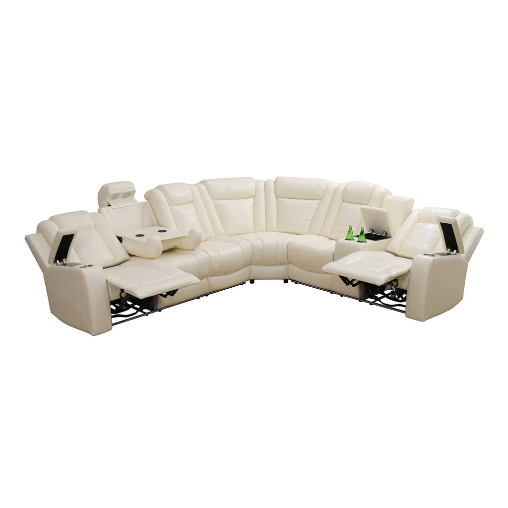 Recliner Sectional Sofa Set, 3-Piece Power Sectional Couch with Off-White Leather, Recliners, Storage Console, Cup