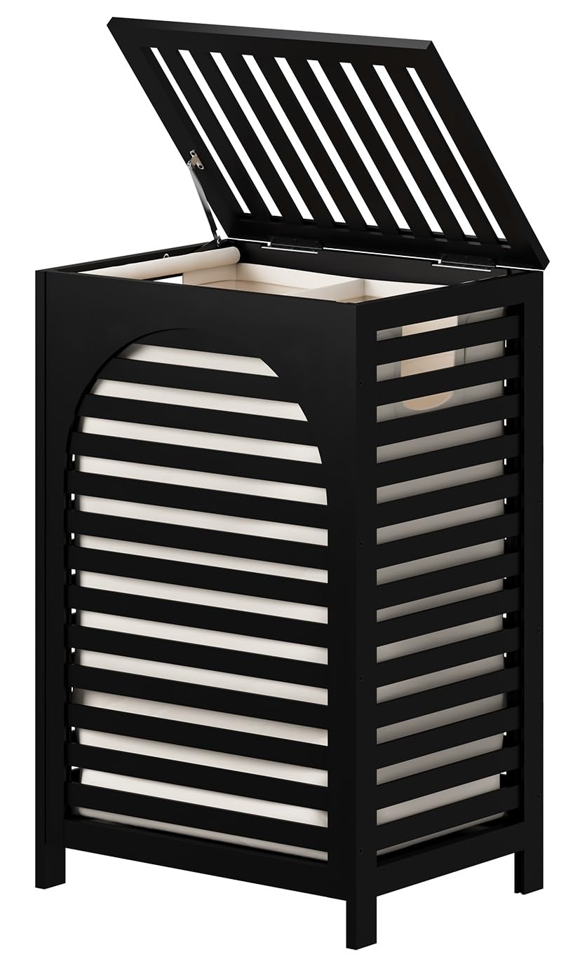 Hamper, 22.5 Gallon (85L) Bamboo Wood Clothes Laundry Basket with Lid and Handles, Removable Liner (Black, Large)