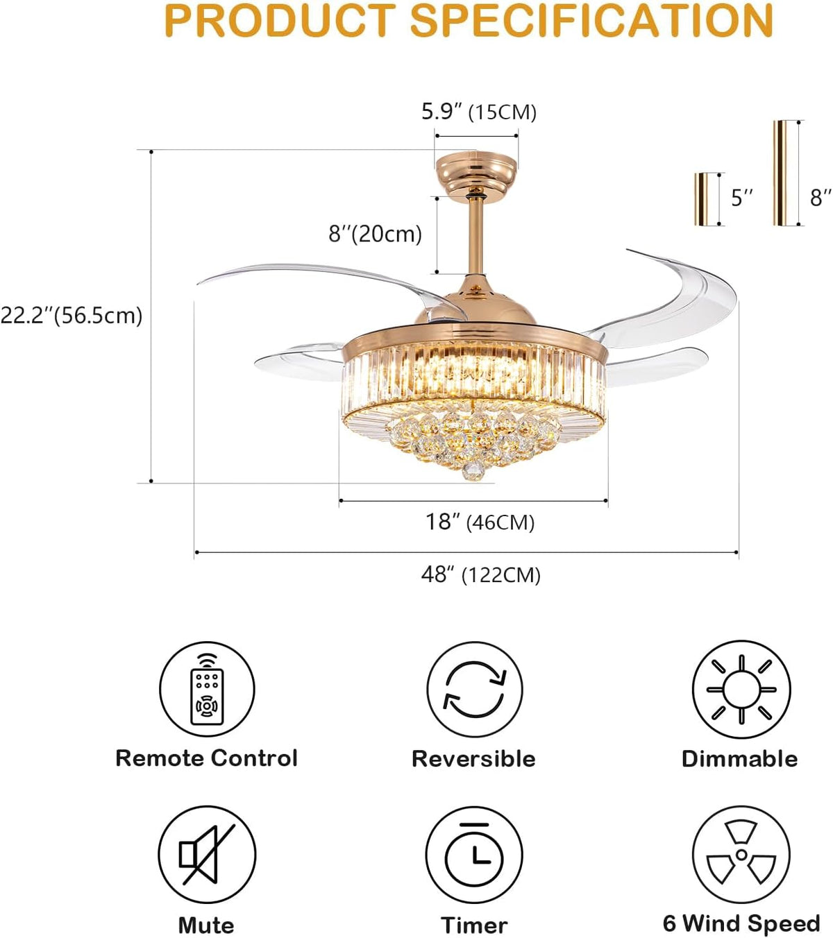 48" Gold Crystal Retractable Ceiling Fan with Light & Remote