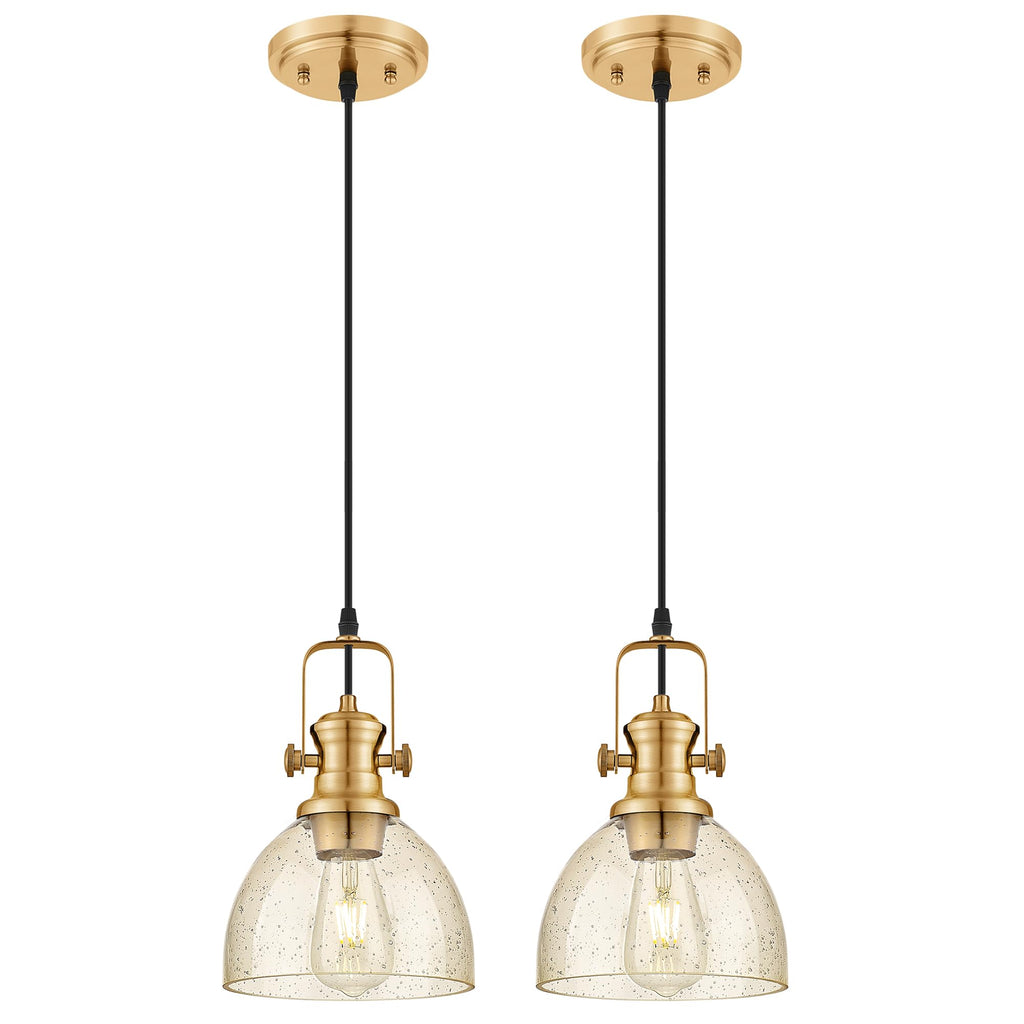 7.5" Brushed Gold Pendant Light Kitchen Island, Amber Shade