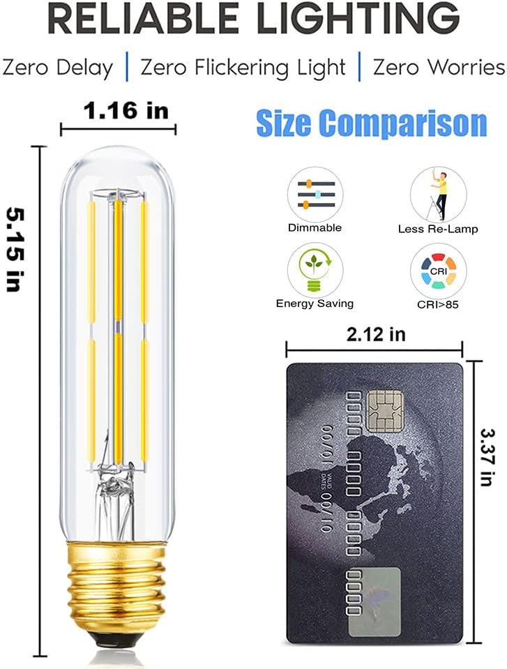 T10 Led Bulb,Dimmable Led Tubular Bulbs 6W,Equivalent 60Watt,Daylight 4000K, 600LM, Clear Glass,E26 Base Vintage LED