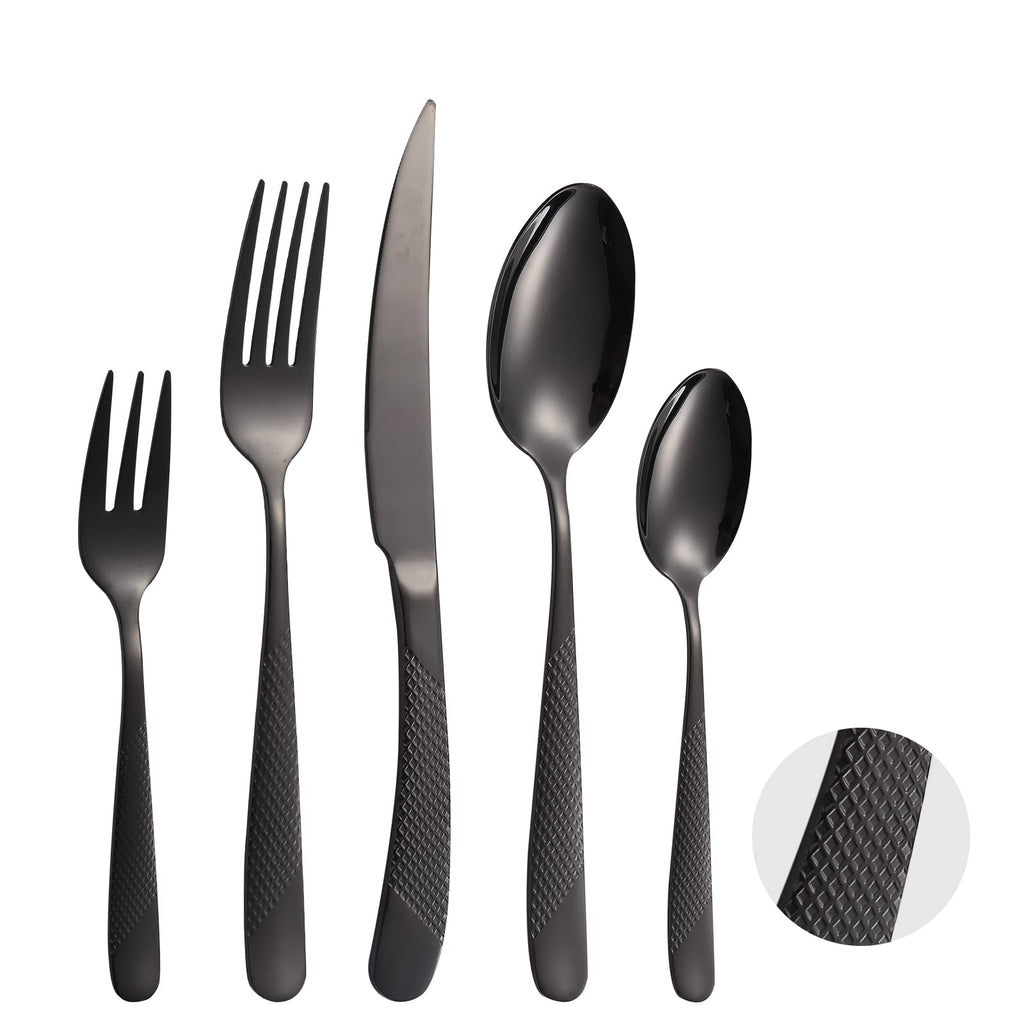 A·HOUSEWARE Black Silverware Hammered Flatware Kichen Stainless Steel Cutlery Set for 4 include Metallic Forks Knives