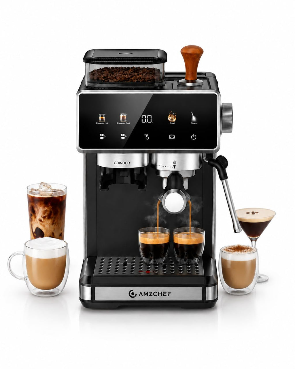 Espresso Machine with Grinder, 20 Bar, Latte & Cappuccino, Black