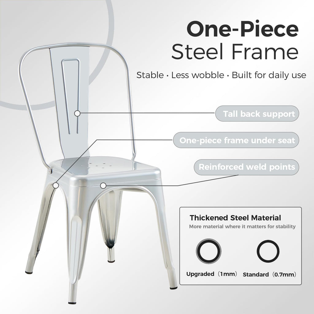 Metal with Backrest, Stackable, Silver, 8 Pack