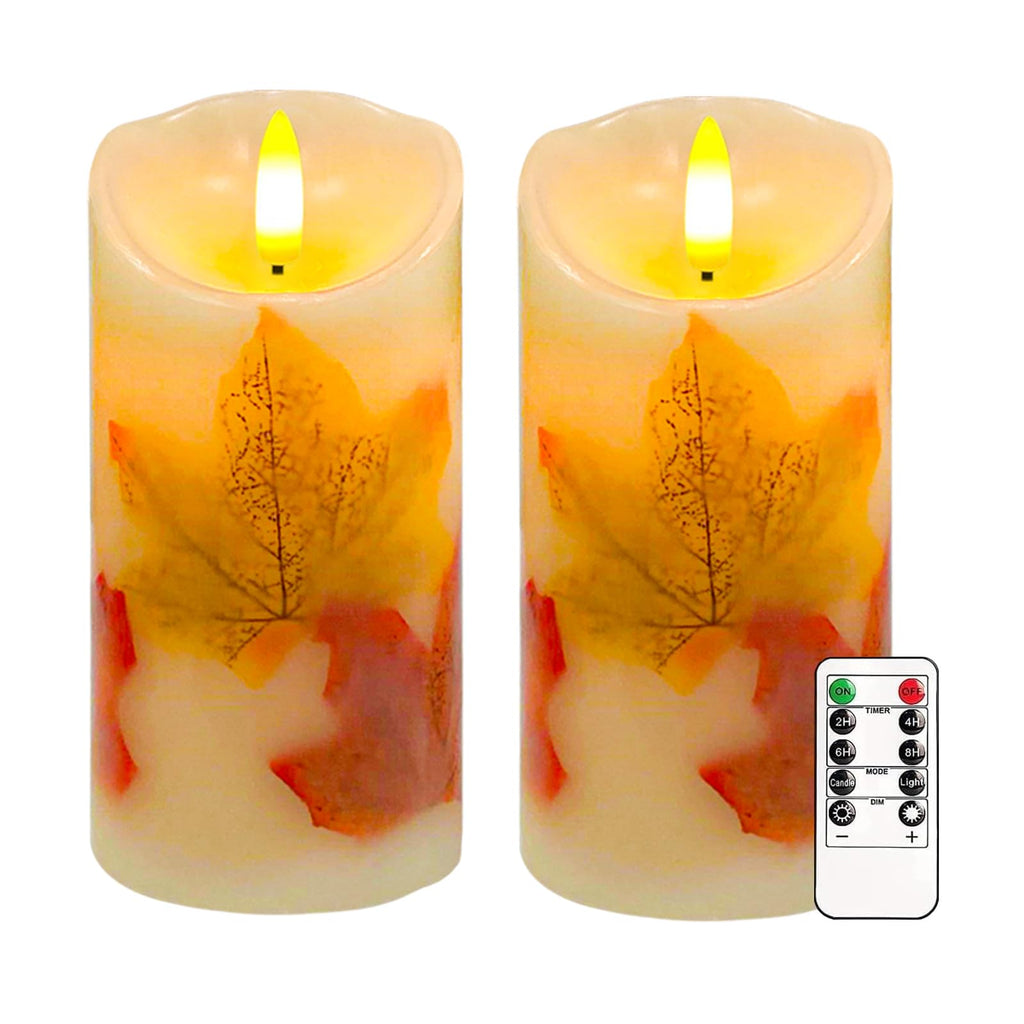 Maple Leaves Flameless Candles Set of 2, Fall Candles with Remote & Timer