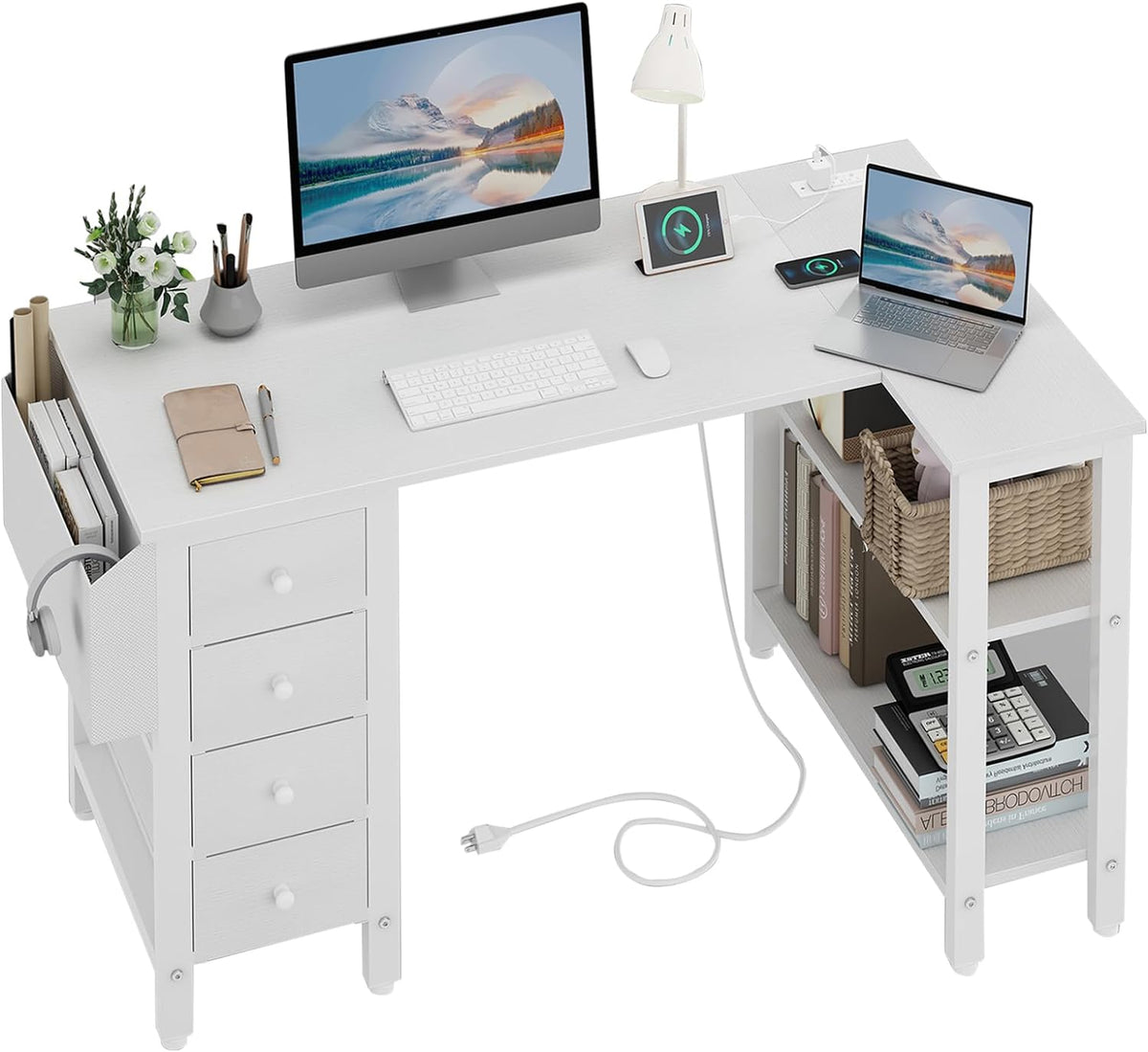 White L Shaped Computer Desk with Drawers & Storage Shelves, 47 Inch Corner Reversible Desk with Power Outlet Bedroom