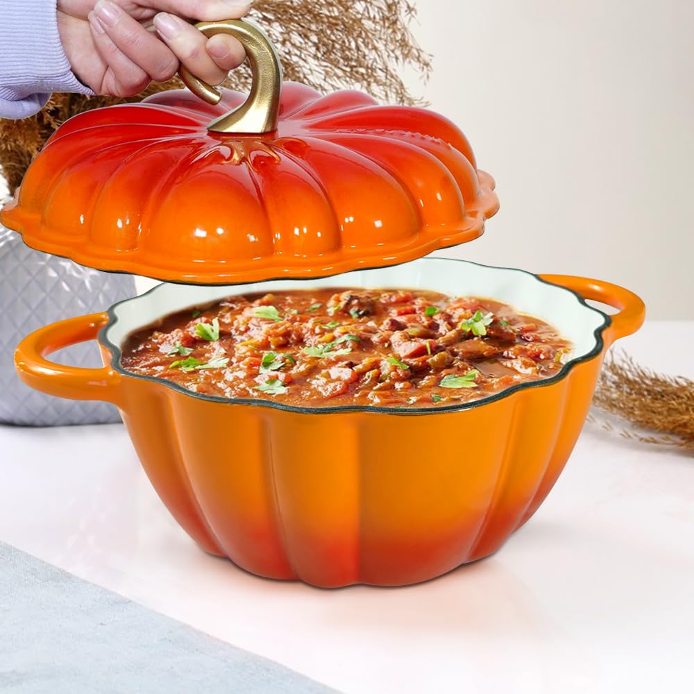 Pumpkin Enameled Cast Iron Dutch Oven with Lid, 4.5 QT Heavy Duty and Dual Handles Pot, Serves 3-5 and Oven Safe for