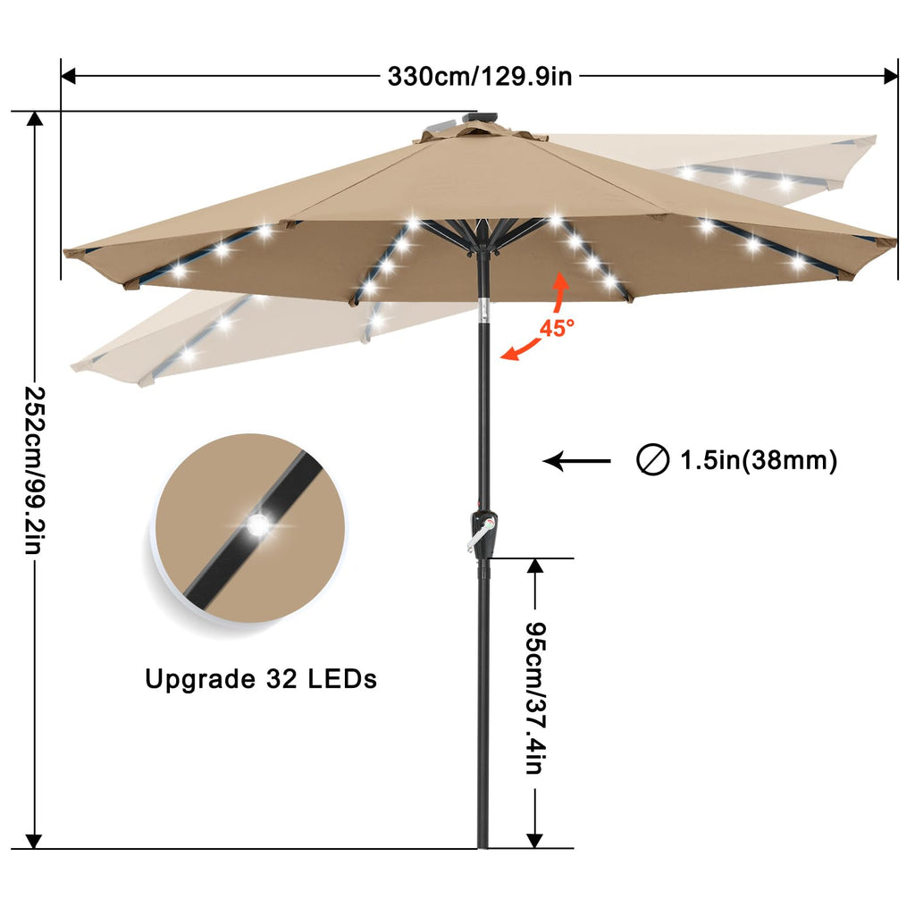 Solar Led Patio Umbrella with 32 Lights 11FT(Khaki)