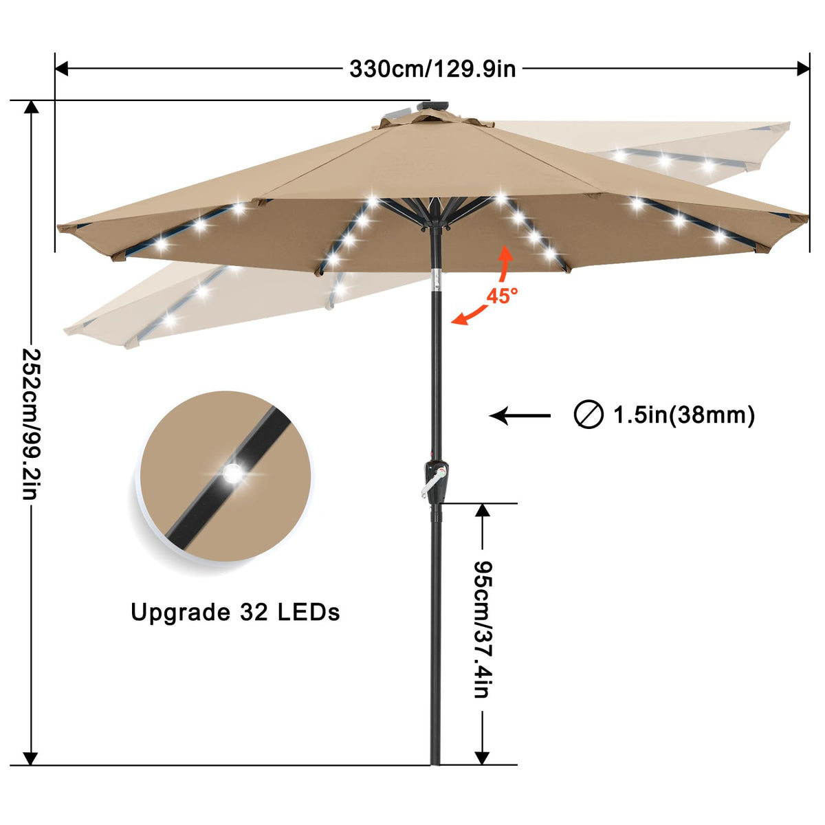 Solar Led Patio Umbrella with 32 Lights 11FT(Khaki)